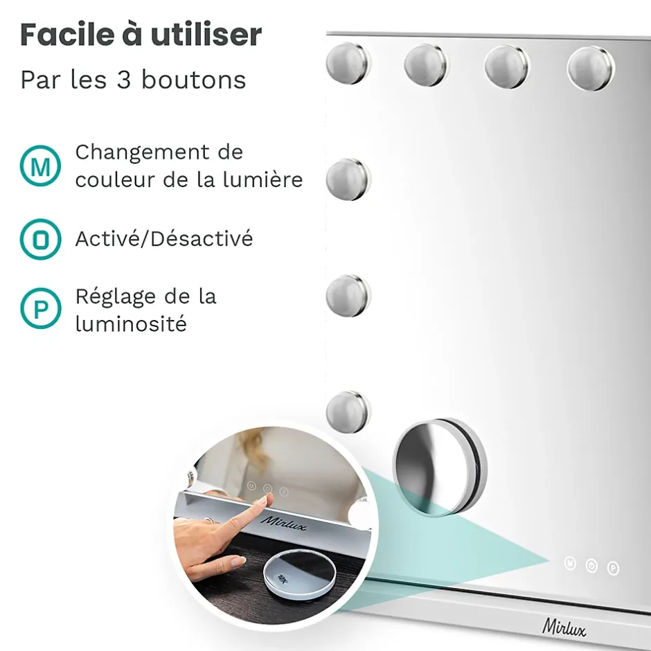 Mirlux LED Miroir Maquillage Hollywood 58x48cm, 2 haut-parleurs Bluetooth, recharge USB & USB-C, Grossissement 10x, blanc* Miroir Grossissant Lumineux