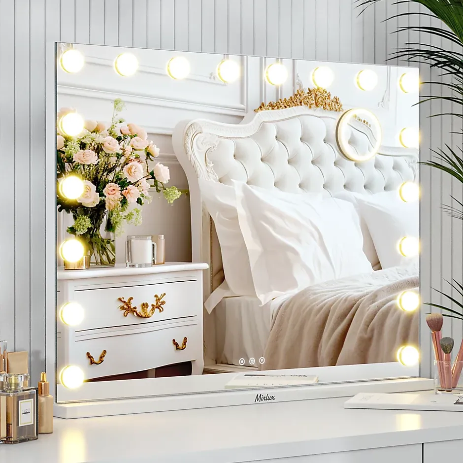 Mirlux LED Miroir maquillage Hollywood 80x60cm, recharge USB & USB-C, Blanc, Technologie Anti-scintillement* Miroir Grossissant Lumineux