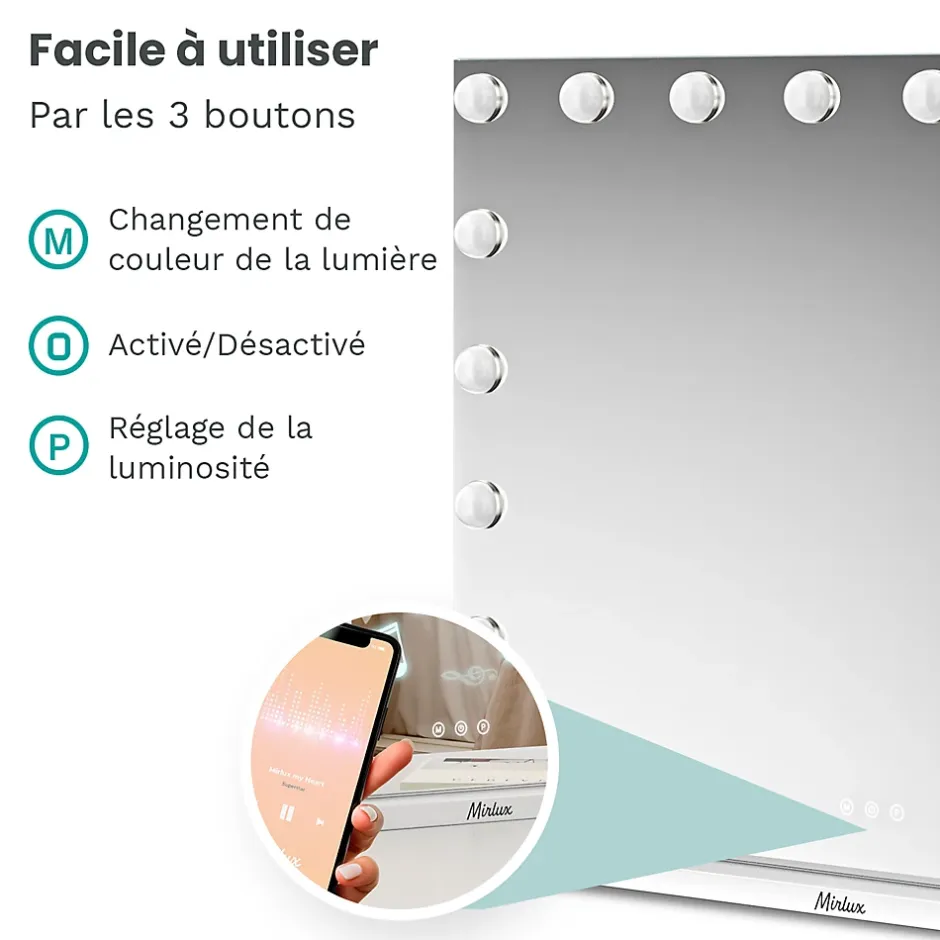 Mirlux LED Miroir maquillage Hollywood 80x60cm, recharge USB & USB-C, Blanc, Technologie Anti-scintillement* Miroir Grossissant Lumineux