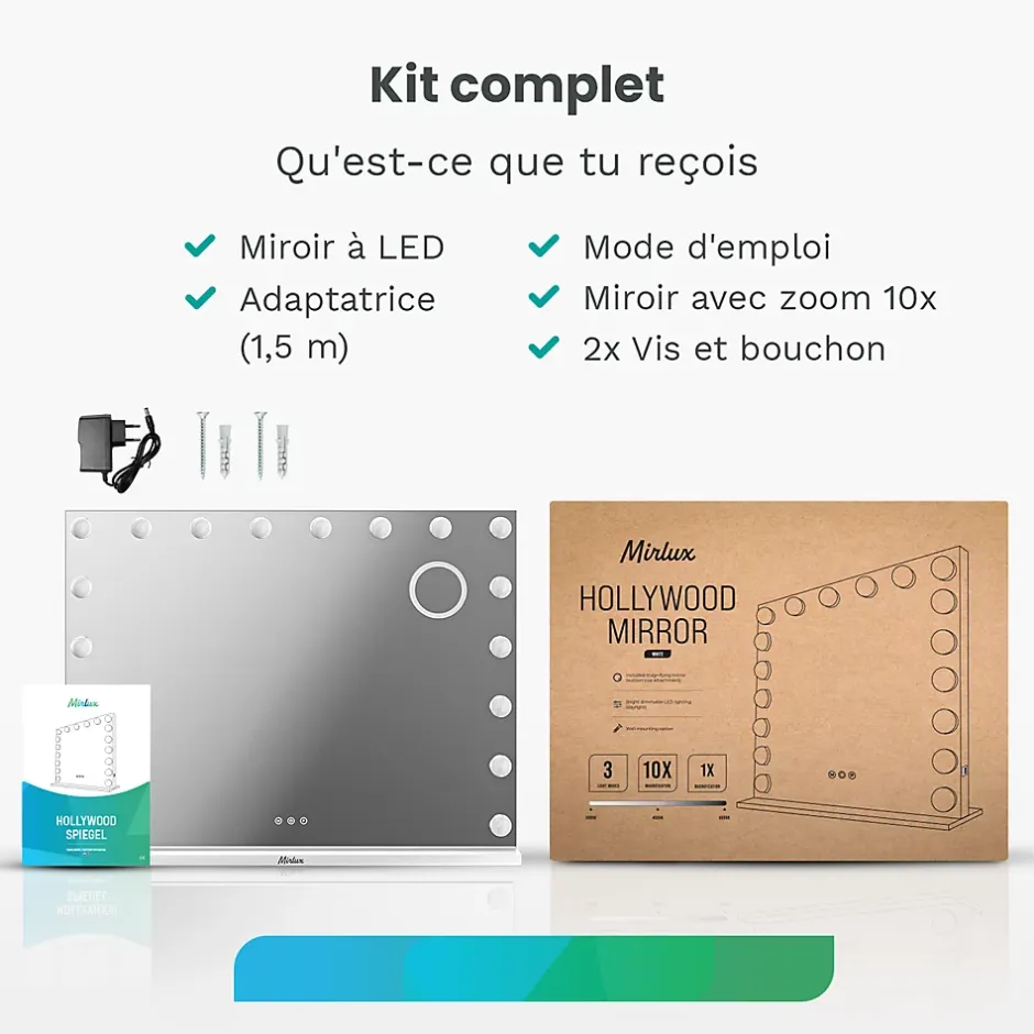 Mirlux LED Miroir maquillage Hollywood 80x60cm, recharge USB & USB-C, Blanc, Technologie Anti-scintillement* Miroir Grossissant Lumineux