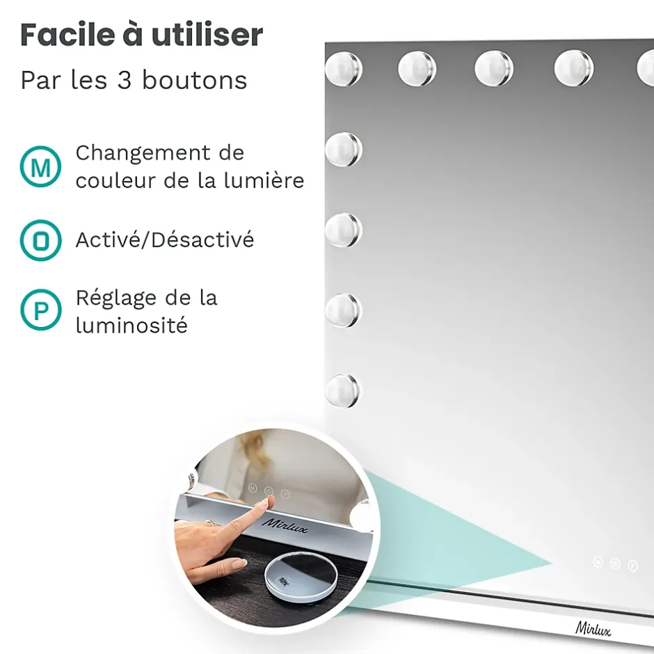Mirlux LED Miroir Maquillage Hollywood 80x60cm, 2 haut-parleurs Bluetooth, recharge USB & USB-C, Grossissement 10x, Blanc* Miroir Grossissant Lumineux