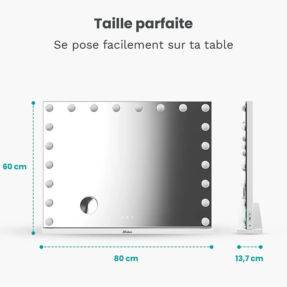 Mirlux LED Miroir Maquillage Hollywood 80x60cm, 2 haut-parleurs Bluetooth, recharge USB & USB-C, Grossissement 10x, Blanc* Miroir Grossissant Lumineux