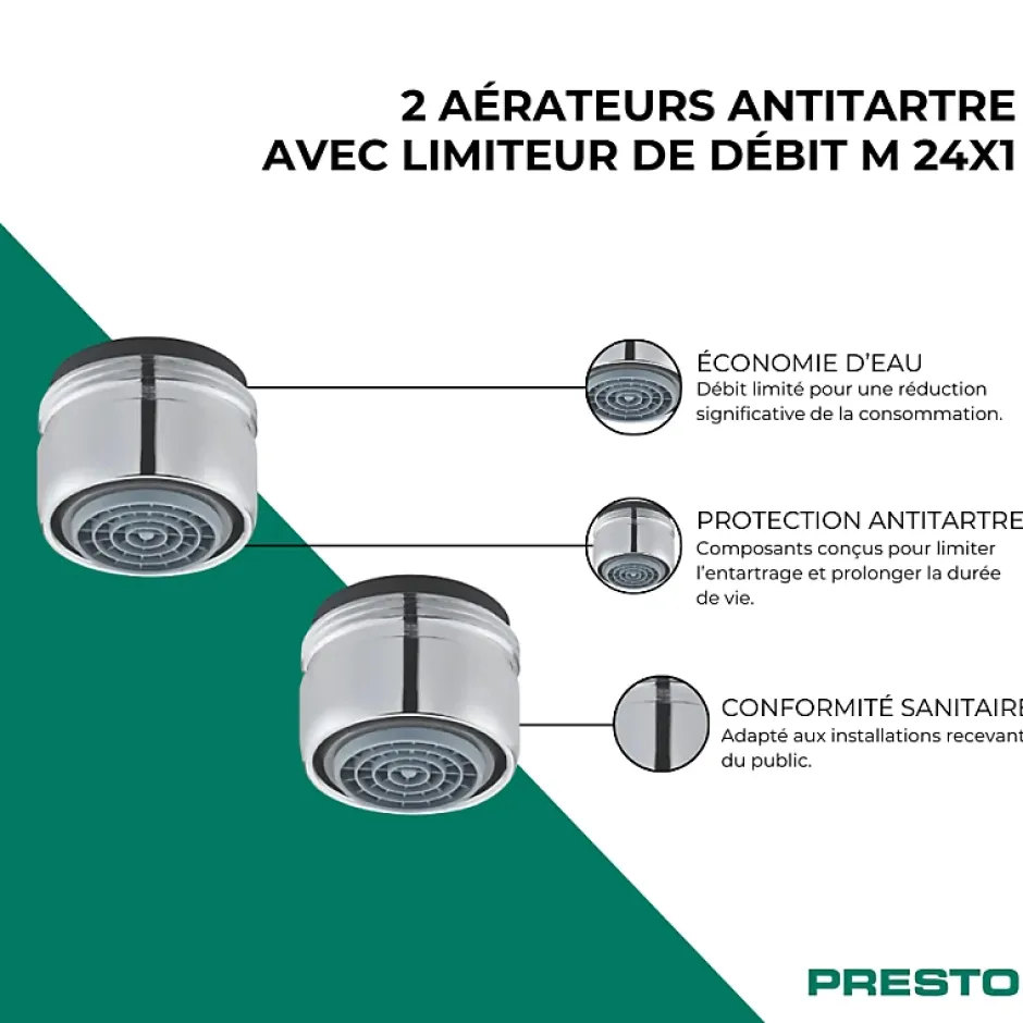 Presto Lot de 2 aérateurs antitartre avec limiteur de débit 1,9 l/min M 24x1 chromé