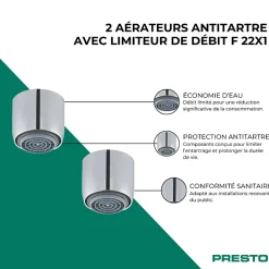 Presto Lot de 2 aérateurs antitartre avec limiteur de débit 1,9 l/min F 22x1 chromé