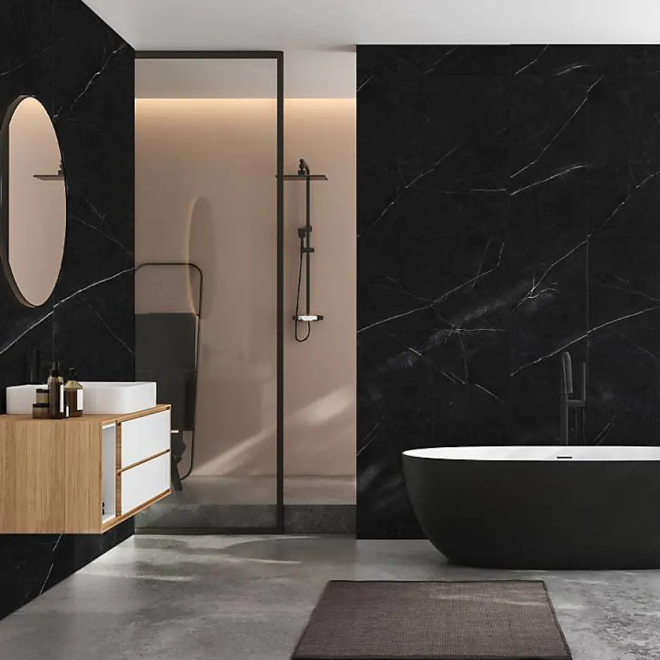 Decoon Lot de 8 Dalles Murales Douche SPC/PVC Décor Marbre Noir satiné - 38,9x77,8cm - 2,42M²