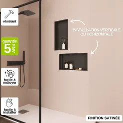 Italbox Lot de 2 Niches de Douche Noir Satiné - 30x60 cm - Rangement Mural Salle de Bain - NOOK