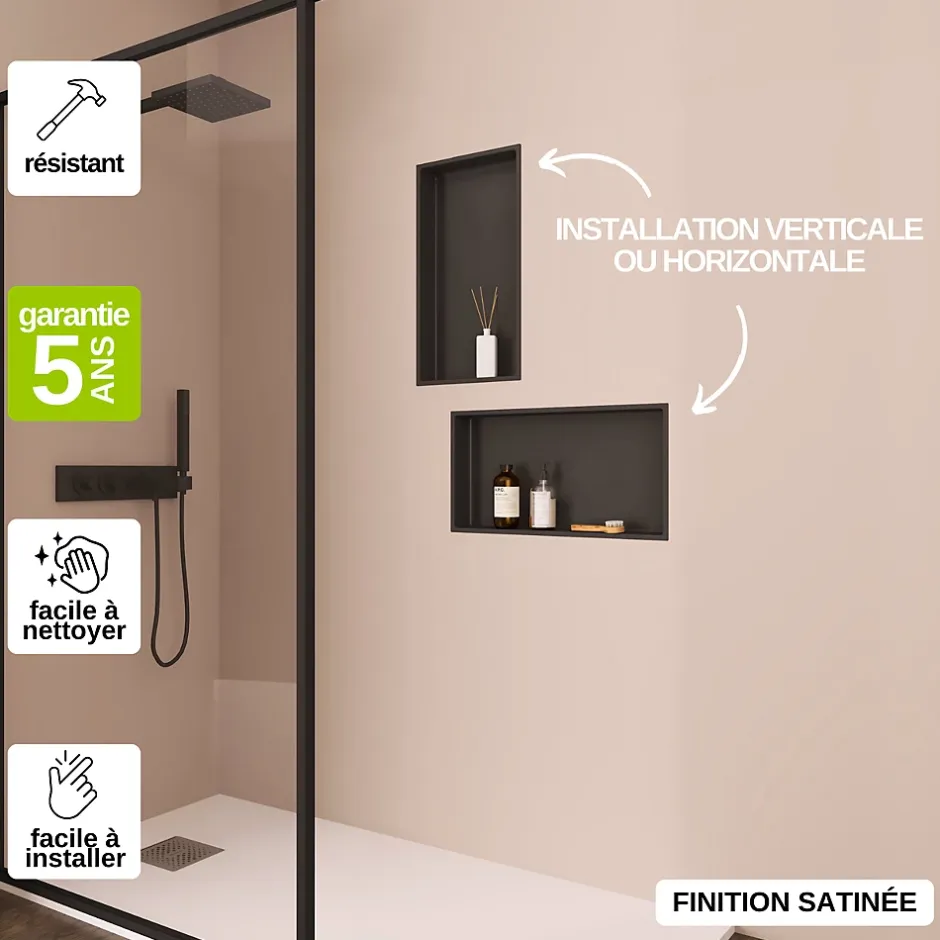 Italbox Lot de 2 Niches de Douche Noir Satiné - 30x60 cm - Rangement Mural Salle de Bain - NOOK
