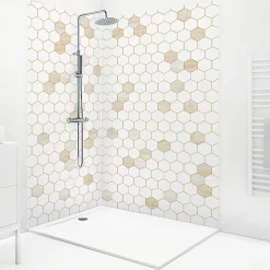 99Deco Lot de 2 panneaux de douche en PVC (90x220 & 120x220 cm) + profilés blanc - Hexa Travertin - Gris