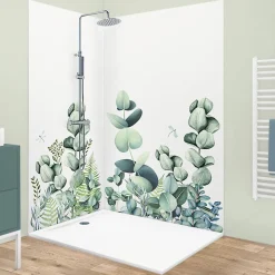 99Deco Lot de 2 panneaux de douche en PVC (90x220 & 120x220 cm) + profilés blanc - Motif végétal - Vert et Blanc - Quiétude