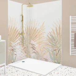 99Deco Lot de 2 panneaux de douche en PVC (90x220 & 120x220 cm) + profilés blanc - Motif végétal - Beige - Gaïa