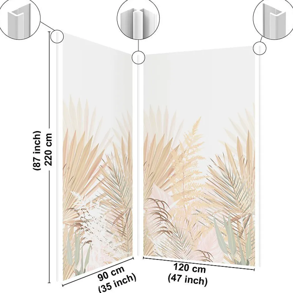99Deco Lot de 2 panneaux de douche en PVC (90x220 & 120x220 cm) + profilés blanc - Motif végétal - Beige - Gaïa