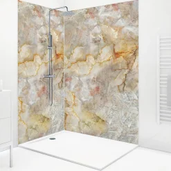 99Deco Lot de 2 panneaux de douche en PVC (90x220 & 120x220 cm) + profilés blanc - Gémolodie - Beige et gris* Panneau Mural De Salle De Bains