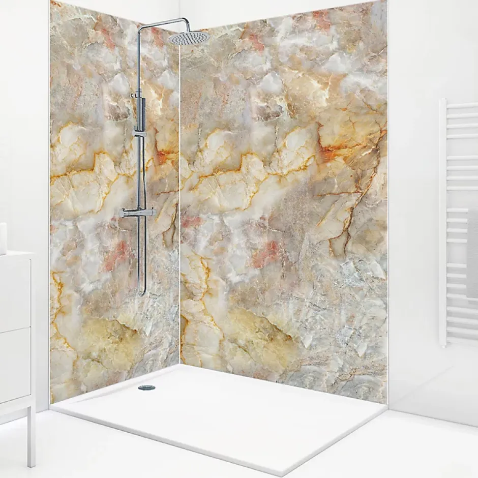 99Deco Lot de 2 panneaux de douche en PVC (90x220 & 120x220 cm) + profilés blanc - Gémolodie - Beige et gris* Panneau Mural De Salle De Bains