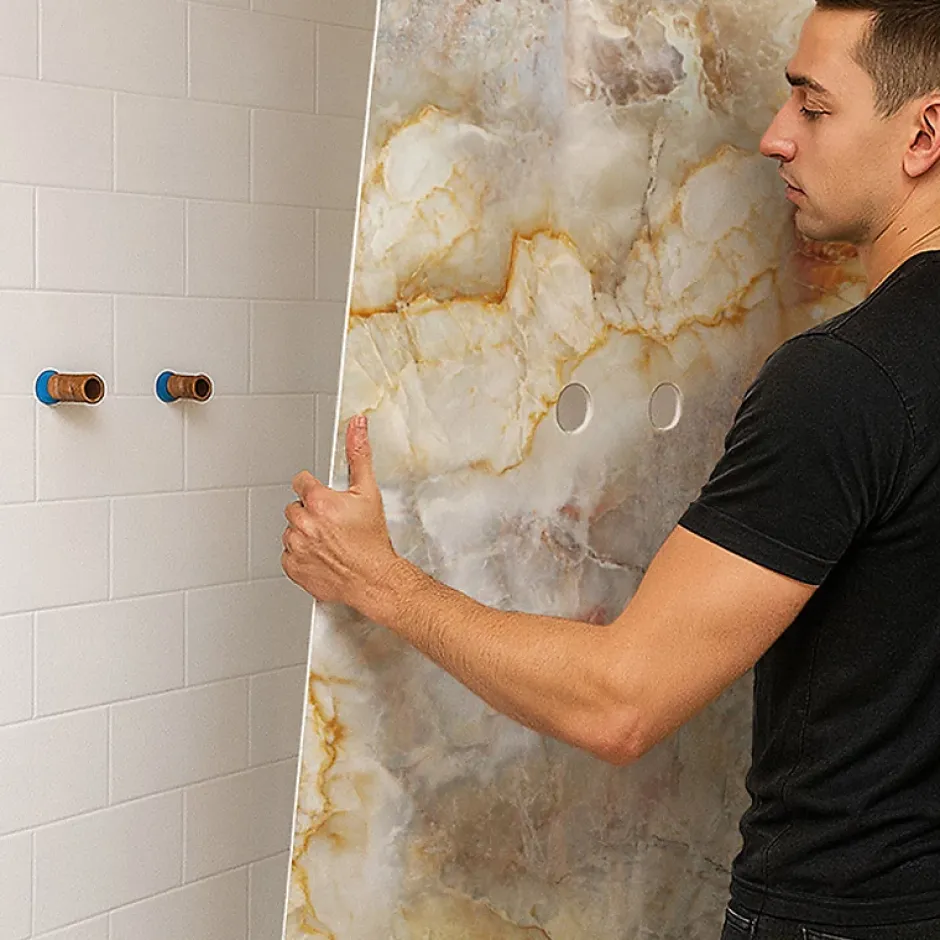 99Deco Lot de 2 panneaux de douche en PVC (90x220 & 120x220 cm) + profilés blanc - Gémolodie - Beige et gris* Panneau Mural De Salle De Bains