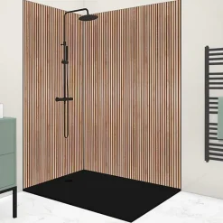 99Deco Lot de 2 panneaux de douche en aluminium (90x220 & 120x220 cm) + profilés noir - effet bois - Japandi - Marron et noir* Panneau Mural De Salle De Bains