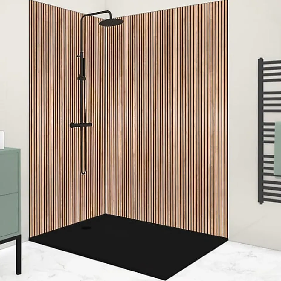 99Deco Lot de 2 panneaux de douche en PVC (90x220 & 120x220 cm) + profilés noir - effet bois - Japandi - Marron et noir