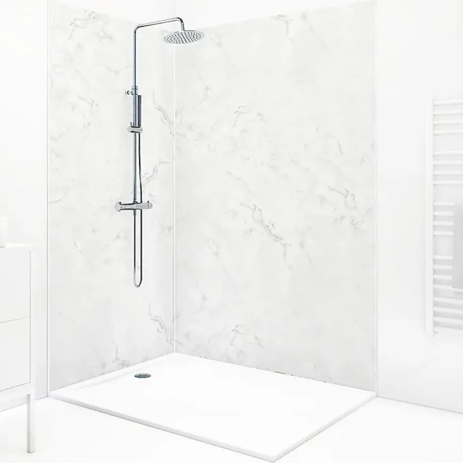 99Deco Lot de 2 panneaux de douche en PVC (90x220 & 120x220 cm) + profilés blanc - Effet Marbre clair