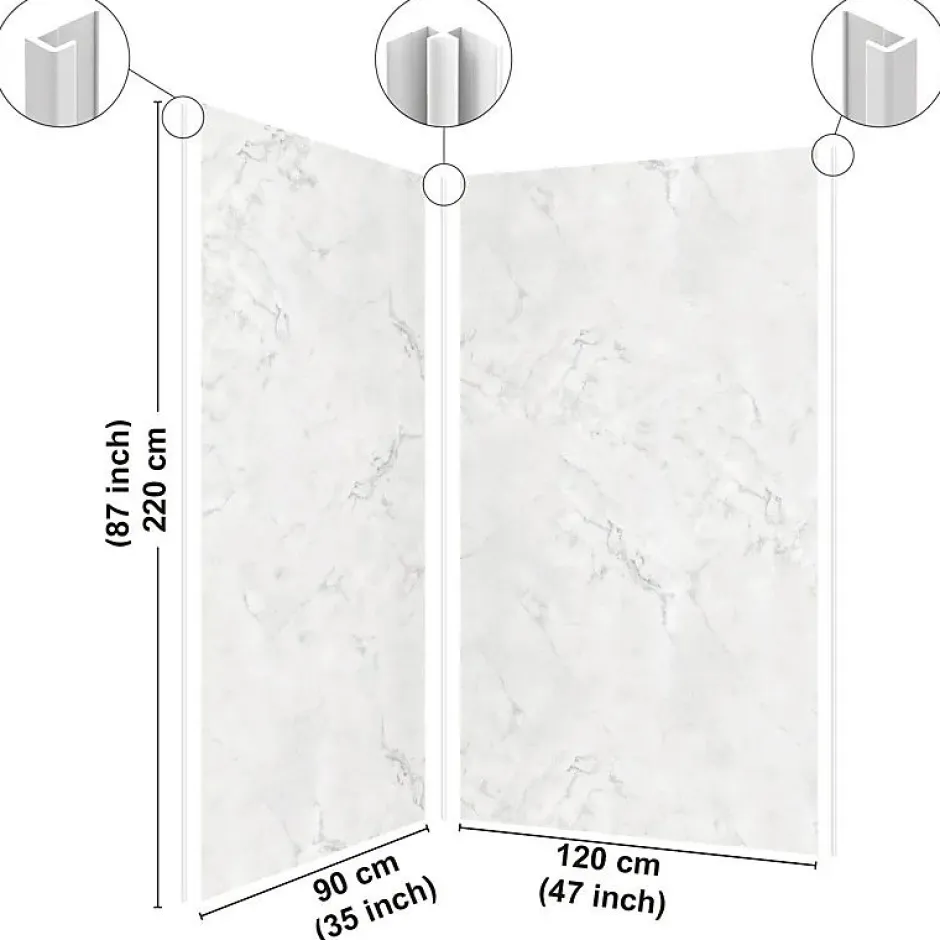 99Deco Lot de 2 panneaux de douche en PVC (90x220 & 120x220 cm) + profilés blanc - Effet Marbre clair