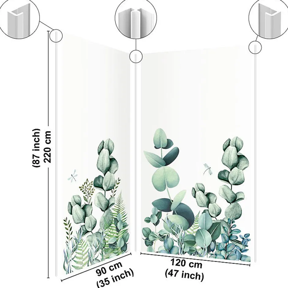 99Deco Lot de 2 panneaux de douche en aluminium (90x220 & 120x220 cm) + profilés blanc - Motif végétal - Vert et Blanc - Quiétude* Panneau Mural De Salle De Bains