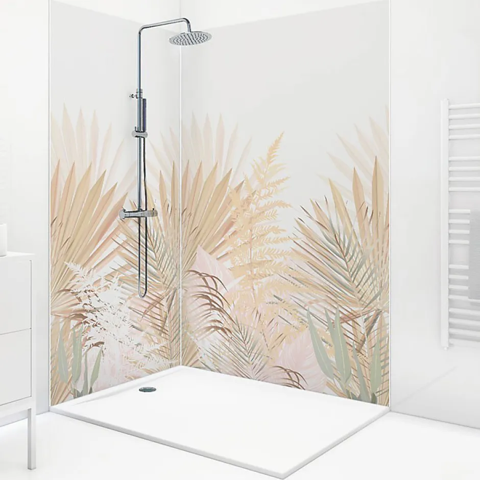 99Deco Lot de 2 panneaux de douche en aluminium (90x220 & 120x220 cm) + profilés blanc - Motif végétal - Beige - Gaïa