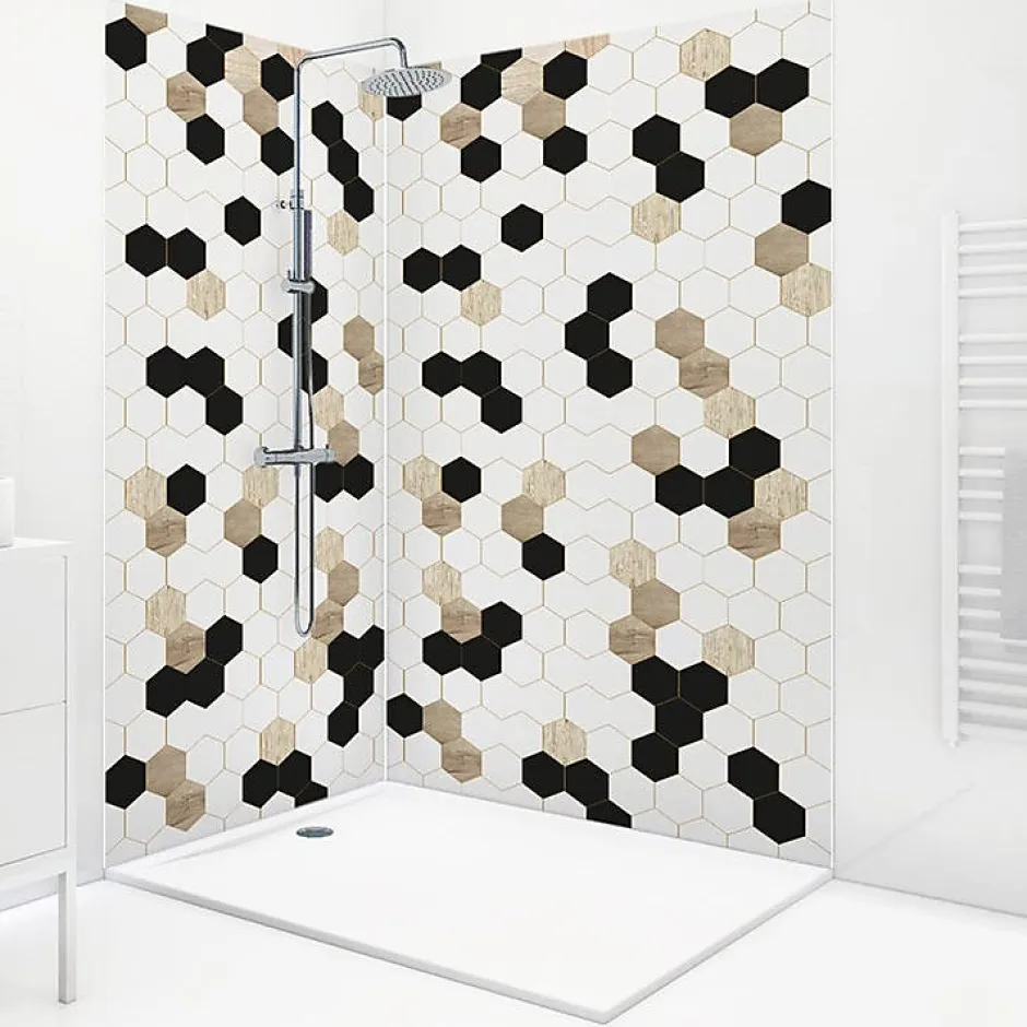 99Deco Lot de 2 panneaux de douche en aluminium (90x220 & 120x220 cm) + profilés blanc - Mix Hexa - Multicolore