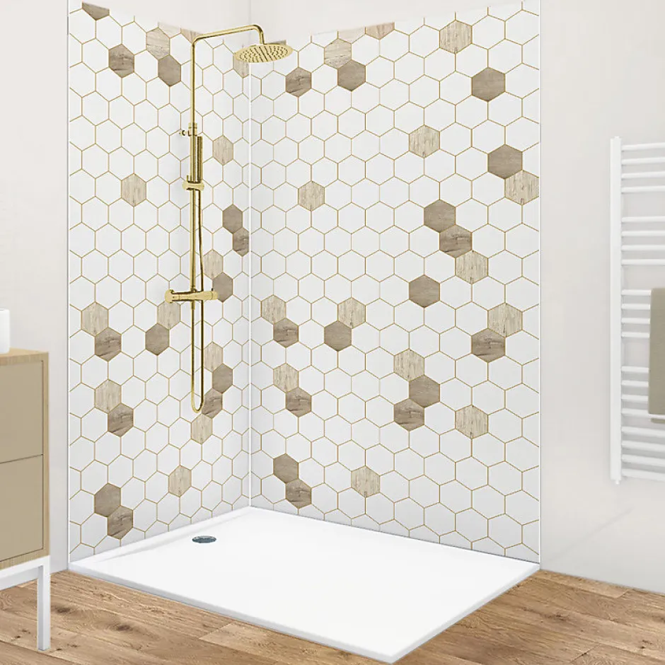 99Deco Lot de 2 panneaux de douche en PVC (90x220 & 120x220 cm) + profilés blanc - Charme - Hexa Bois - Marron
