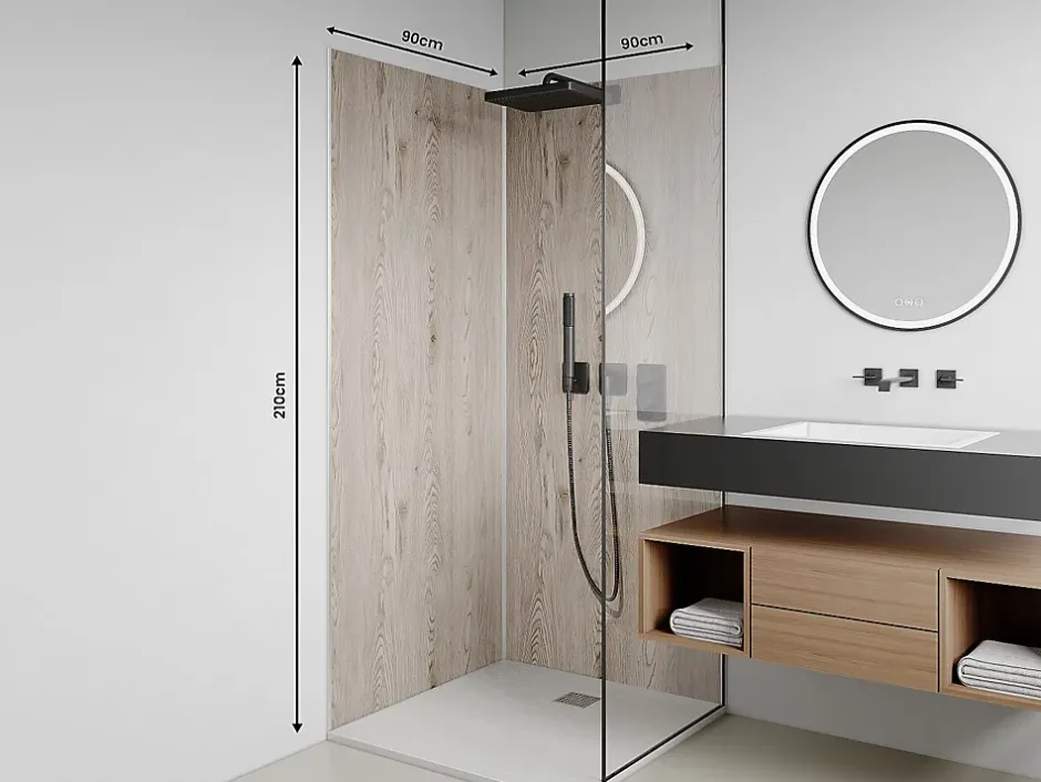 Vente-unique Lot de 2 panneaux muraux de douche effet bois clair en aluminium avec profilés - 2 x L90 x H210 cm- ENEKO