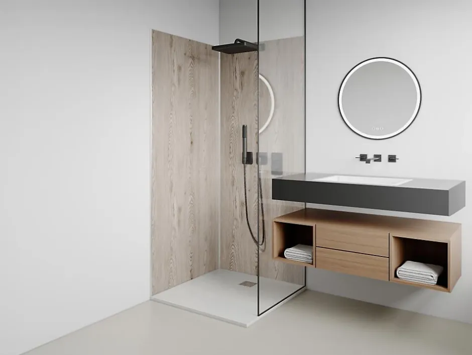 Vente-unique Lot de 2 panneaux muraux de douche effet bois clair en aluminium avec profilés - 2 x L90 x H210 cm- ENEKO