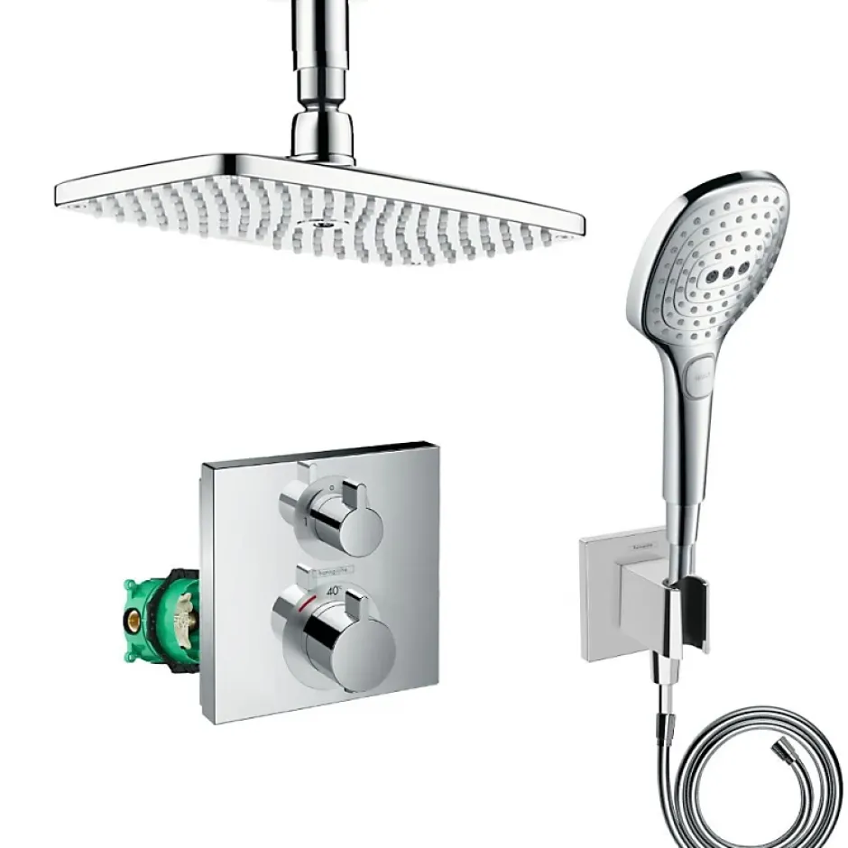 Hansgrohe Lot robinet douche encastré thermostatique Ecostat Square + Douche de tête Raindance E 240 fixation plafond