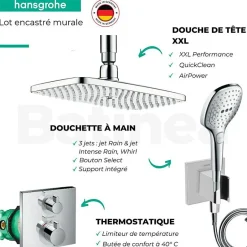 Hansgrohe Lot robinet douche encastré thermostatique Ecostat Square + Douche de tête Raindance E 240 fixation plafond
