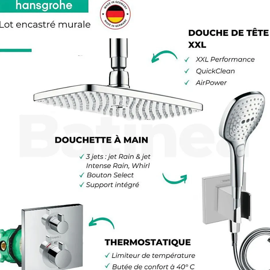 Hansgrohe Lot robinet douche encastré thermostatique Ecostat Square + Douche de tête Raindance E 240 fixation plafond