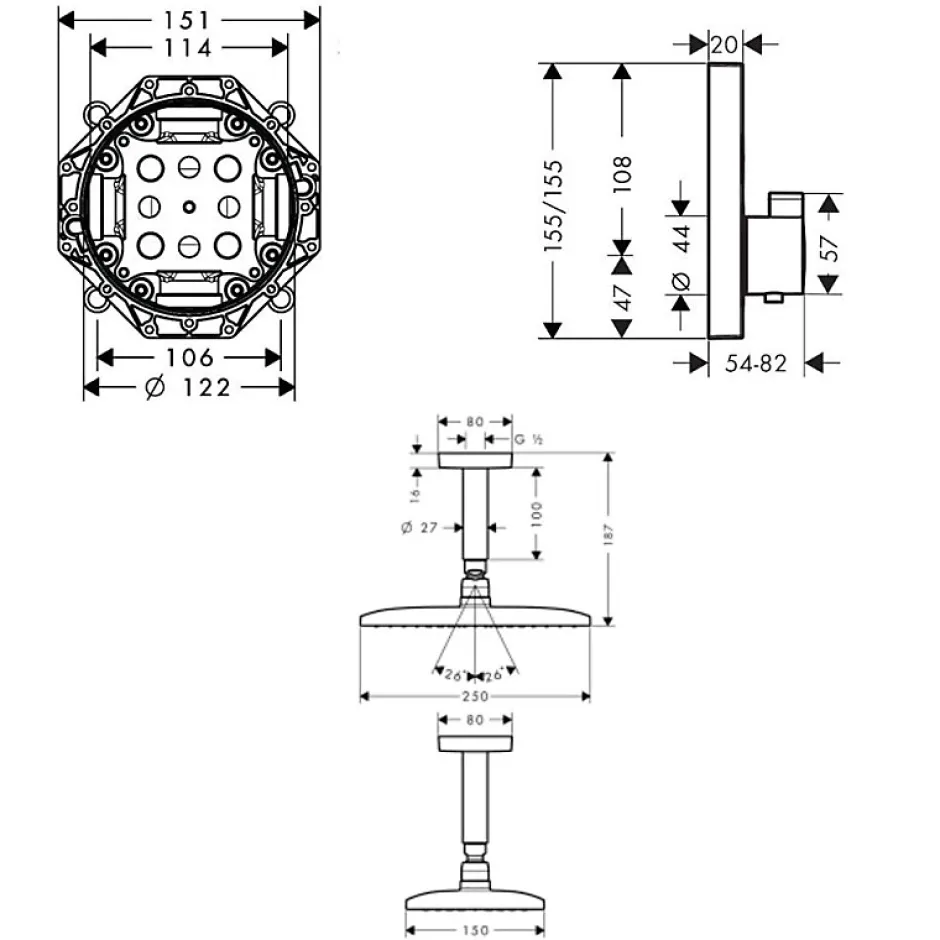 Hansgrohe Lot robinet douche encastré thermostatique Ecostat Square + Douche de tête Raindance E 240 fixation plafond