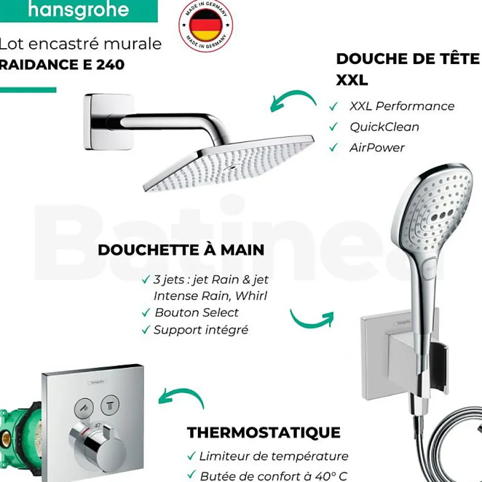 Hansgrohe Lot robinet douche encastré thermostatique + Douche de tête Raindance E 240 fixation murale* Colonne De Douche Encastrable