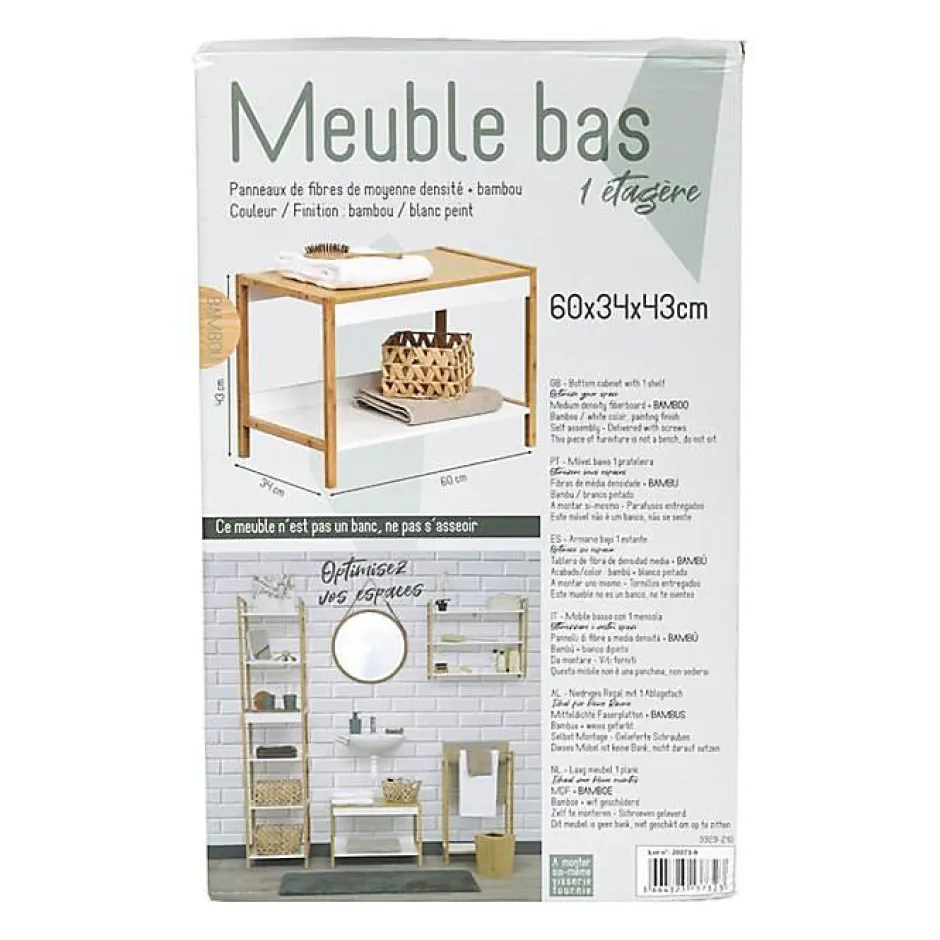 Tendance Meuble bas de salle de bain en bambou et bois MDF - - 1 étagère - Blanc - 60 x 34 x 43 cm* Etagère Salle De Bains