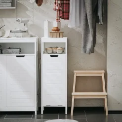 Sobuy Meuble Bas de Salle de Bain avec Corbeille à Linge, Armoire Toilette, BZR122-W,* Armoire De Salle De Bains