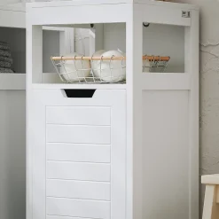 Sobuy Meuble Bas de Salle de Bain avec Corbeille à Linge, Armoire Toilette, BZR122-W,* Armoire De Salle De Bains