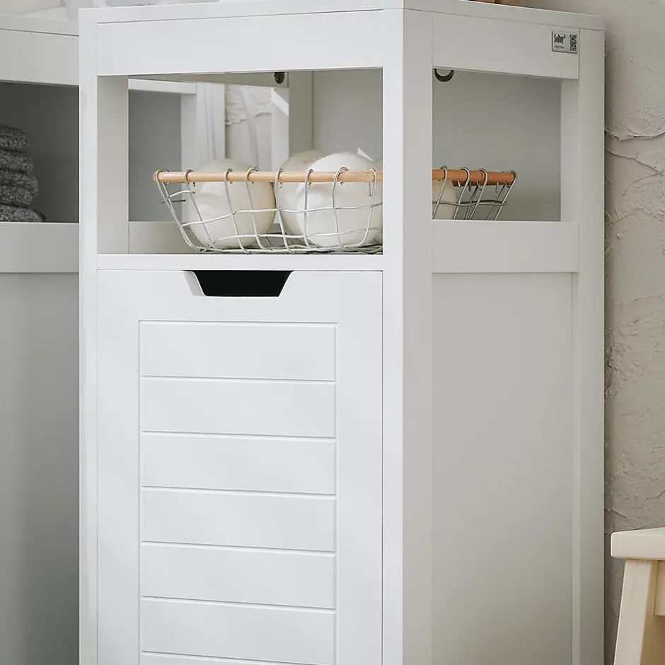 Sobuy Meuble Bas de Salle de Bain avec Corbeille à Linge, Armoire Toilette, BZR122-W,* Armoire De Salle De Bains
