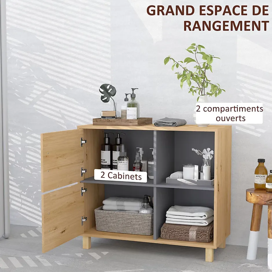 Homcom Meuble bas de salle de bain style bohème - 2 portes, 2 niches - gris effet bois clair naturel