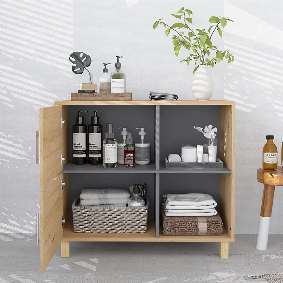 Homcom Meuble bas de salle de bain style bohème - 2 portes, 2 niches - gris effet bois clair naturel