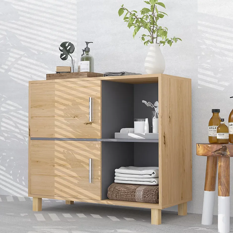 Homcom Meuble bas de salle de bain style bohème - 2 portes, 2 niches - gris effet bois clair naturel