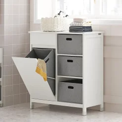 Sobuy Meuble Bas de Salle de Bain avec 1 Tiroir, 1 Panier à Linge et 3 Panier, BZR77-W,