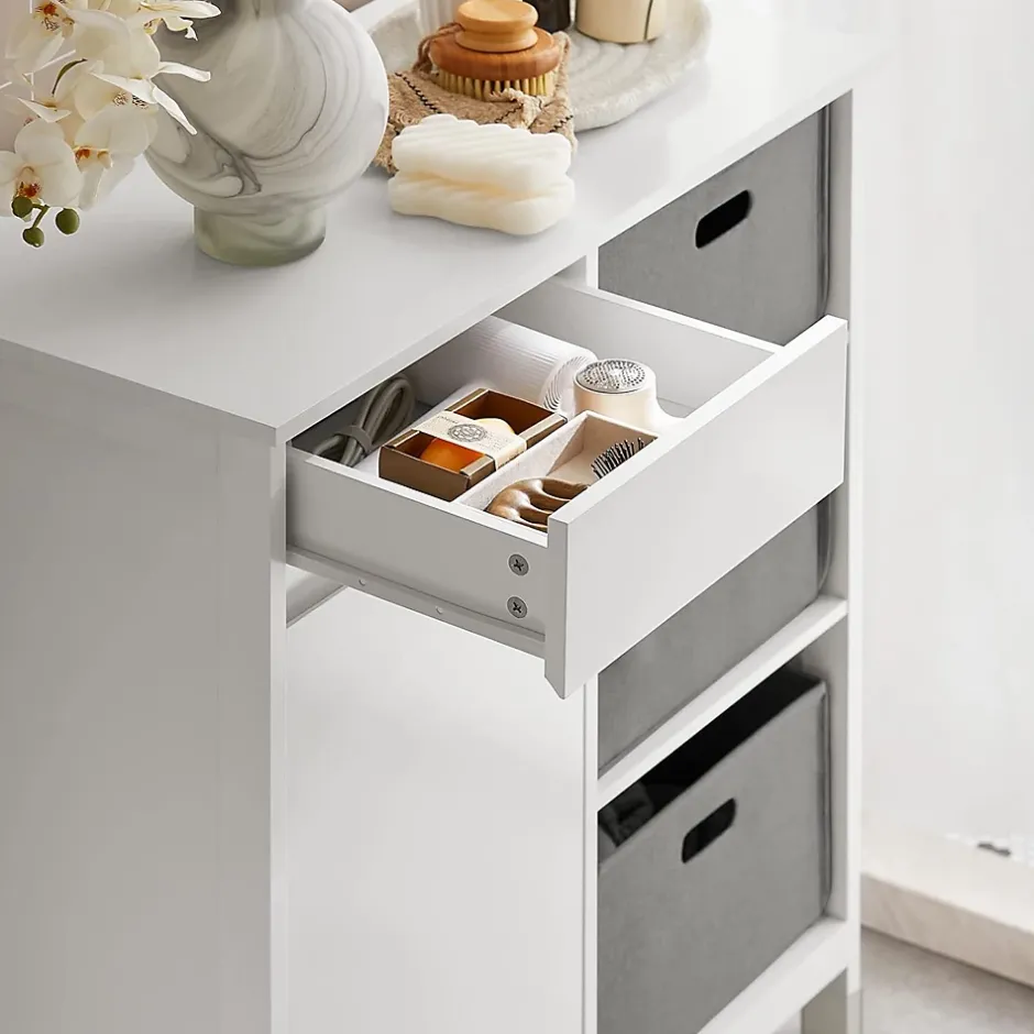 Sobuy Meuble Bas de Salle de Bain avec 1 Tiroir, 1 Panier à Linge et 3 Panier, BZR77-W,