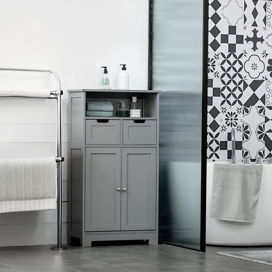 kleankin Meuble bas de salle de bain multi-rangements grande niche 2 tiroirs placard double porte avec étagère MDF gris