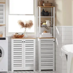 Sobuy Meuble Bas Placard de Rangement avec 2 Portes Persiennes, BZR41-W,* Meuble De Salle De Bains Faible Profondeur