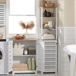 Sobuy Meuble Bas Placard de Rangement avec 2 Portes Persiennes, BZR41-W,* Meuble De Salle De Bains Faible Profondeur
