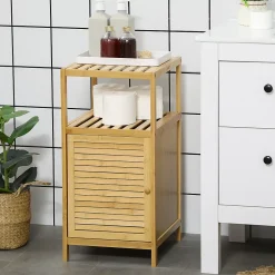 kleankin Meuble bas salle de bain rangement salle de bain 1 porte 2 étagères bois bambou verni* Armoire De Salle De Bains
