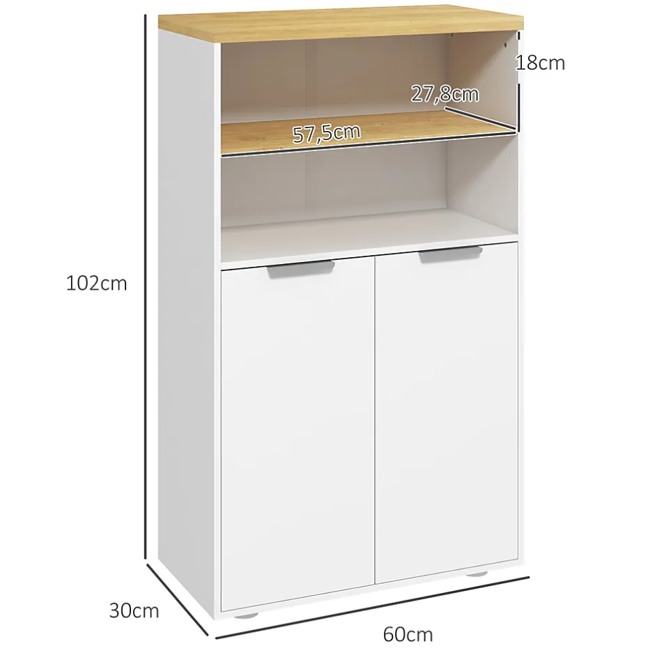 kleankin Meuble bas salle de bain - 2 portes, étagère, 2 niches - dim. 60L x 30l x 102H cm - blanc bois clair