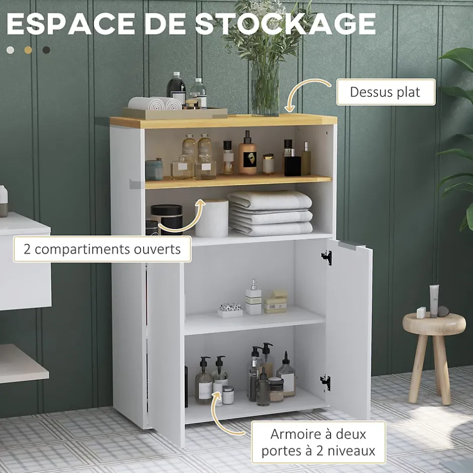 kleankin Meuble bas salle de bain - 2 portes, étagère, 2 niches - dim. 60L x 30l x 102H cm - blanc bois clair