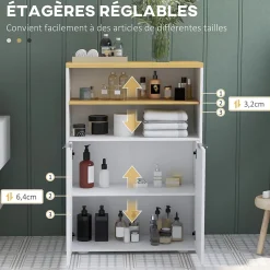 kleankin Meuble bas salle de bain - 2 portes, étagère, 2 niches - dim. 60L x 30l x 102H cm - blanc bois clair