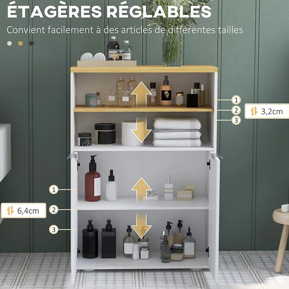 kleankin Meuble bas salle de bain - 2 portes, étagère, 2 niches - dim. 60L x 30l x 102H cm - blanc bois clair